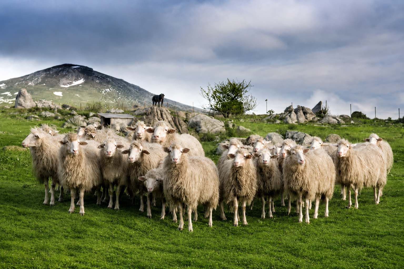 A flock of Sardinian sheep grazing the Meilogu pastures beneath Monte Pelao